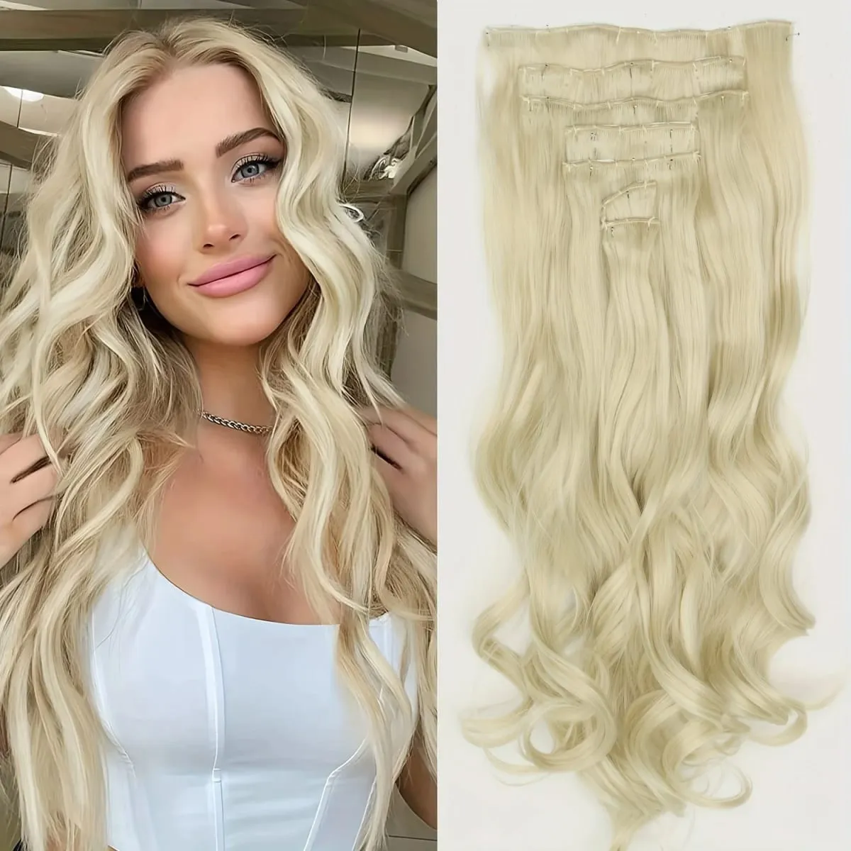 Coiffure longue droite 16 Clips 7 pièces/ensemble Extensions de cheveux postiches synthétiques blondes noires naturelles résistantes à la chaleur pour les femmes — image 27