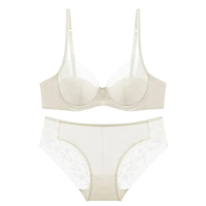 Dünne Cups, leicht gefüttert, Mesh-Blumenspitze, Push-up-BH und Höschen-Set, schöne Unterwäsche für Damen, Büstenhalter, sexy Dessous