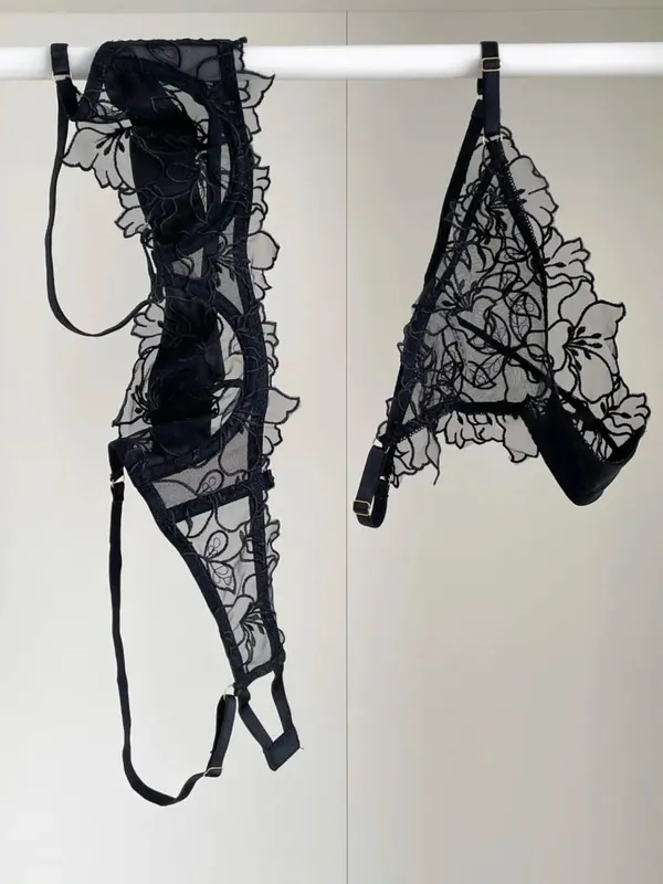 Padded Bra Set Small Bust | Lace Embroidered & Mesh Underwear Set with Soft Underwire Comfortable Demi Cup Sexy Tushy Panty PP — image 9