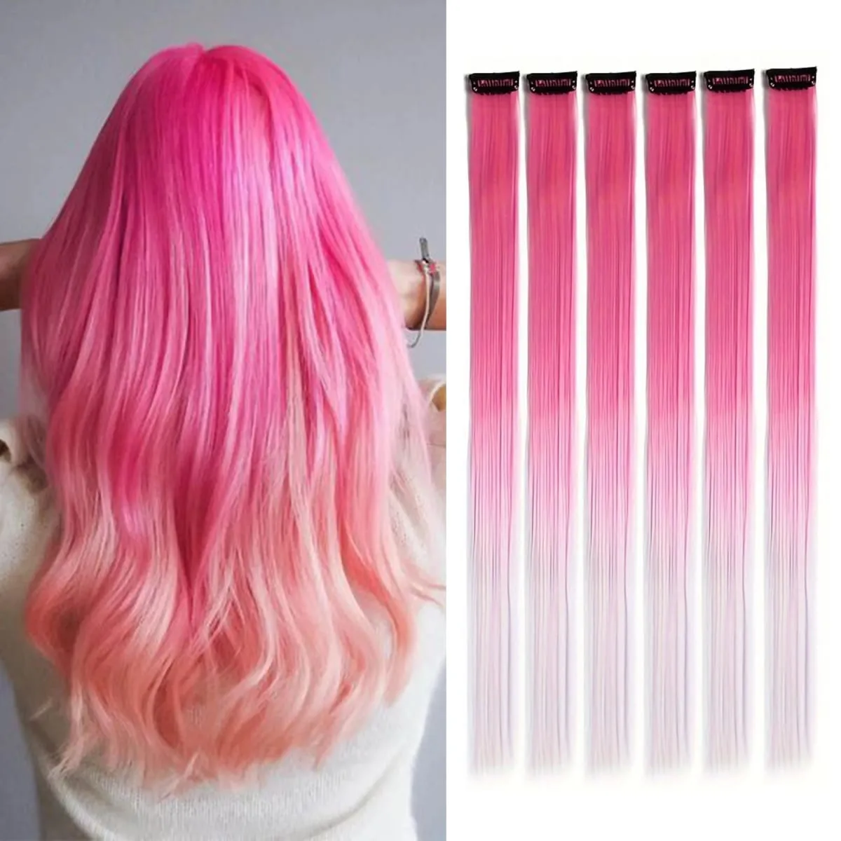 6 Stück/Packung, farbige Party-Highlights, Clip-in-Haarverlängerungen, 22 Zoll, mehrfarbig, glattes Haar, synthetische Haarteile — image 25