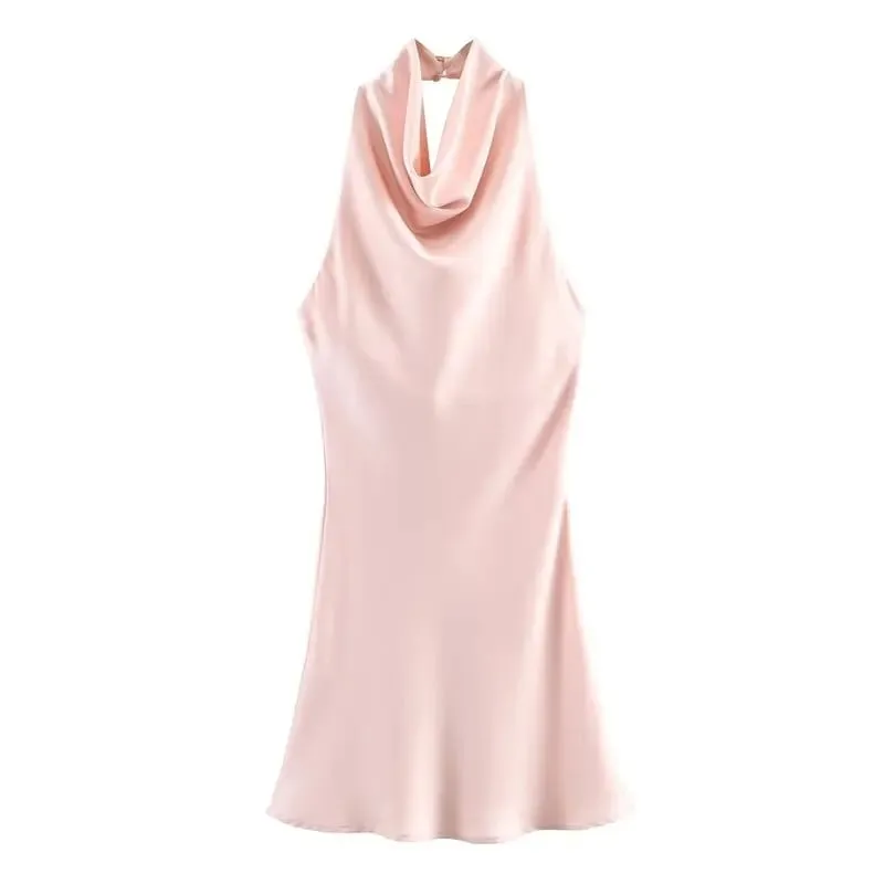 Silk Satin Texture Summer New Arrival Women's Dr Hanging Ne Collar Gown Soft A-Line Skirt High Waist Pure Color — image 10