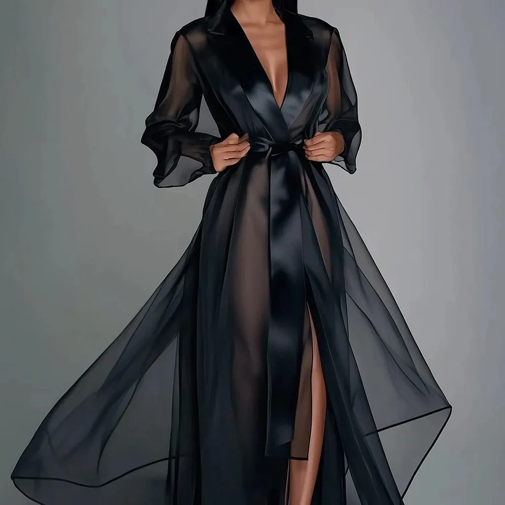 Gaun Maxi Wanita Organza Pejal Melihat Melalui Lapel Lengan Panjang Jubah Musim Panas Musim Gugur Fesyen Lace Up Gaun Pesta Satin Sutera — image 1