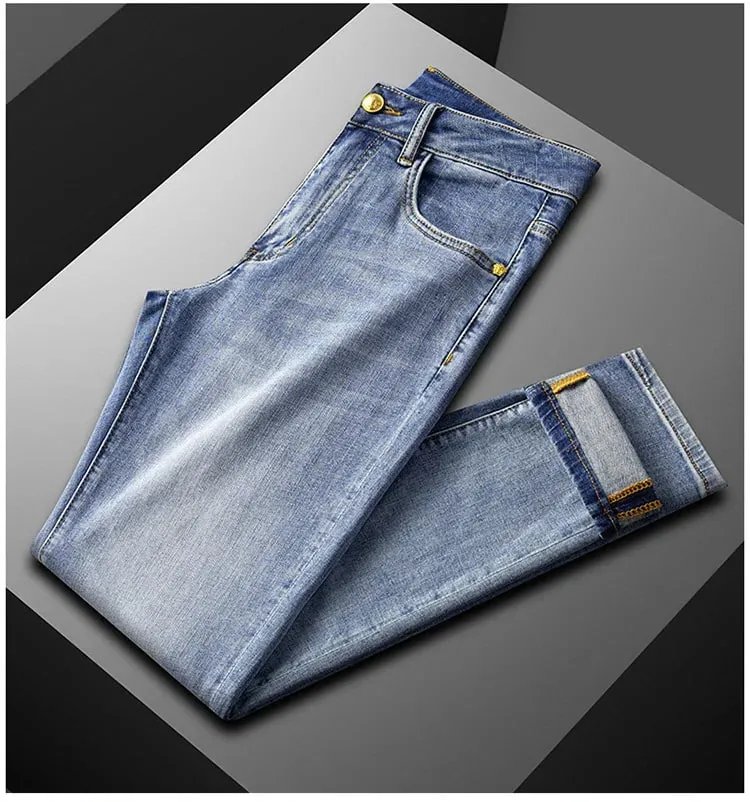 Jeans Kualitas Tinggi Baru 2024 Pakaian Pria Fashion Kasual Serbaguna Ringan Mewah dan Kesederhanaan Celana Meruncing Slim Fit — image 7