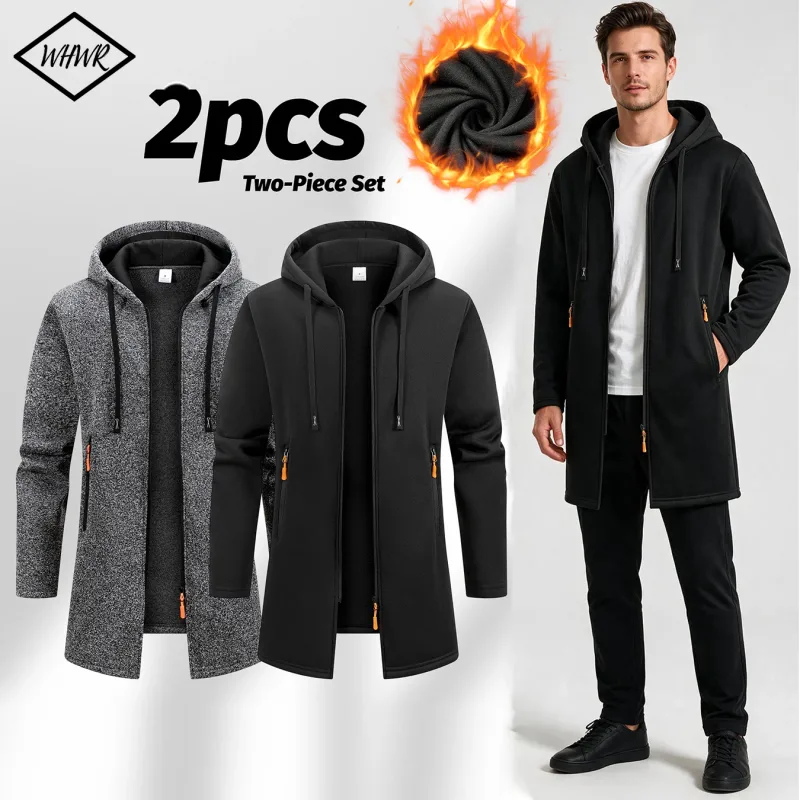 Ensemble de 2 pièces pour hommes, veste à capuche mi-longue avec fermeture éclair complète, manteau chaud doublé en polaire avec capuche à cordon de serrage et poches zippées, vêtements d'extérieur décontractés pour l'automne et l'hiver, usage quotidien
