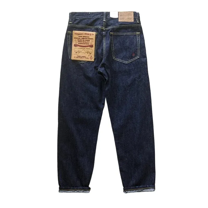 Jean en denim vintage japonais avec ponçage, coutures rouges et couleur originale pour l'automne avec broderie
