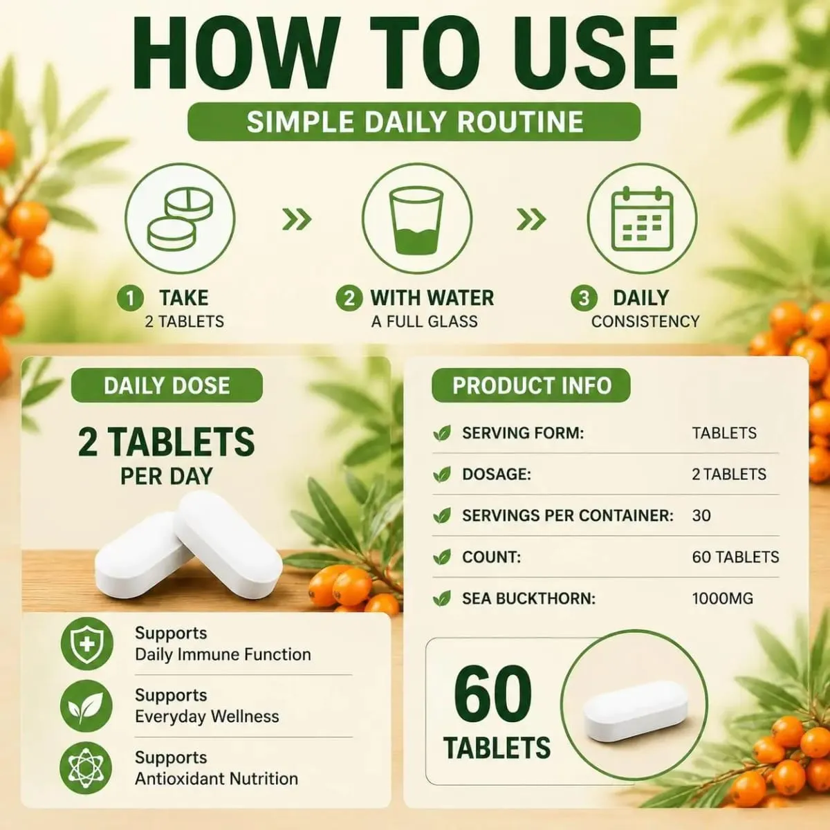 Docteat Havtorn 1000mg Tabletter Daglig Immunfunktion Støtte Antioxidant Ernæring Vitamin C Zink Vitamin D3 60 Tabletter — image 6