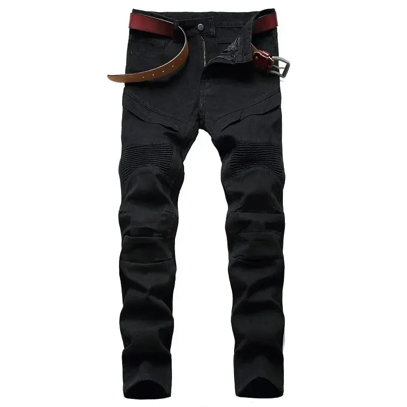 Seluar Jeans Slim Lelaki Baru Motosikal Putih Bergaya Kasual Perca Seluar Denim Fesyen Seluar Lelaki Lipat Ketat (tanpa Tali Pinggang)