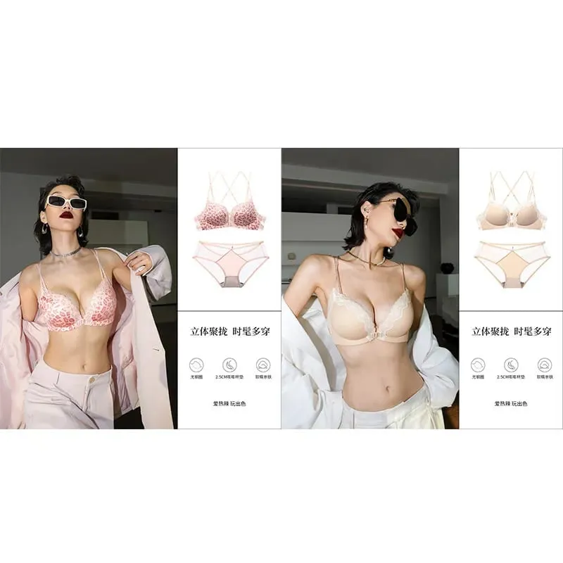 Victoria Style MOYISU Růžová leopardí bezdrátová podprsenka Set Přední Háček Design Push Up Bralette Sexy zadní spodní prádlo pro zvýšení malého poprsí — image 21