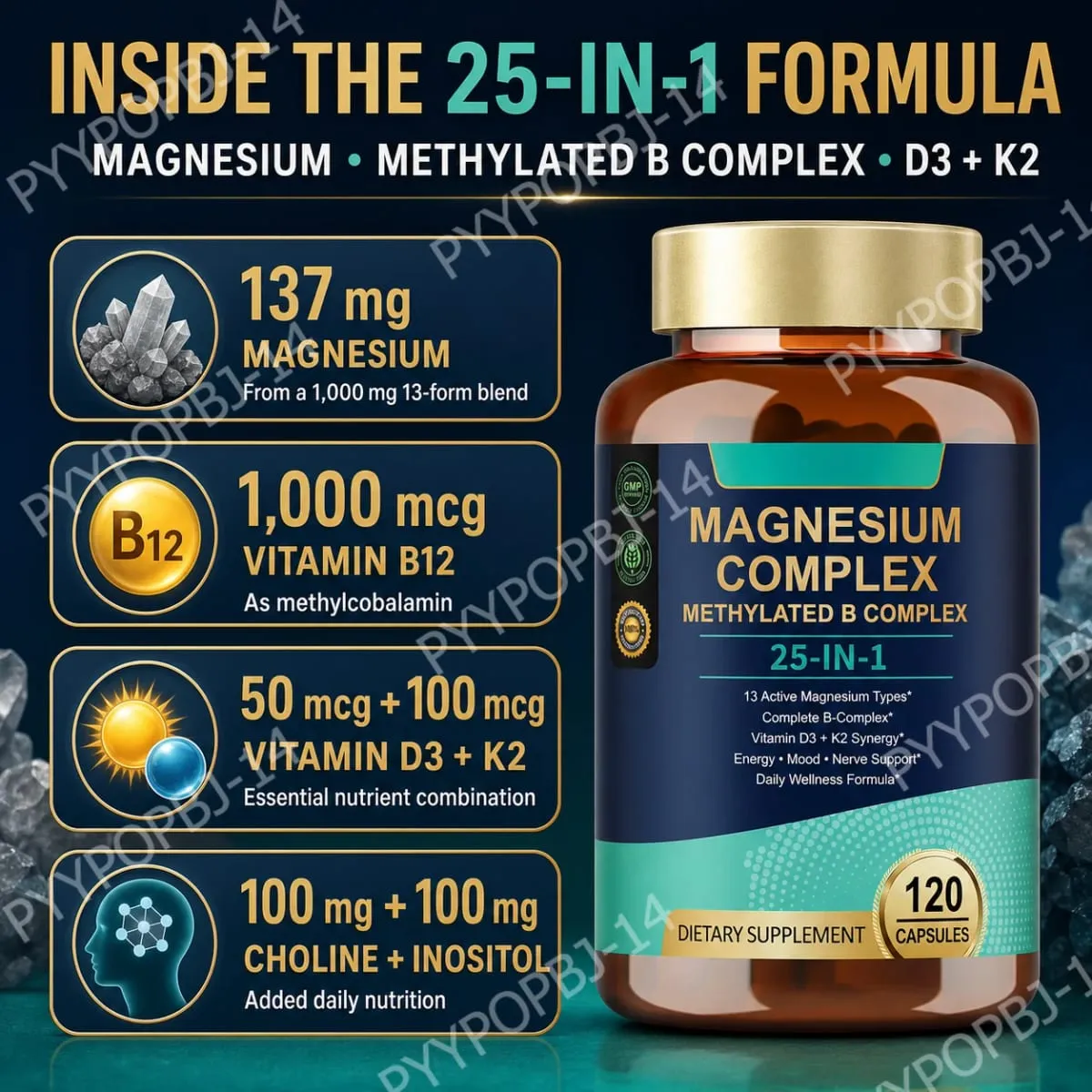 25-in-1-Magnesiumkomplex mit Glycinat, Citrat, Malat, Vitamin D3, K2, B12, Methylfolat zur Entspannung, Energie, Nerven, 120 Kapseln — image 4
