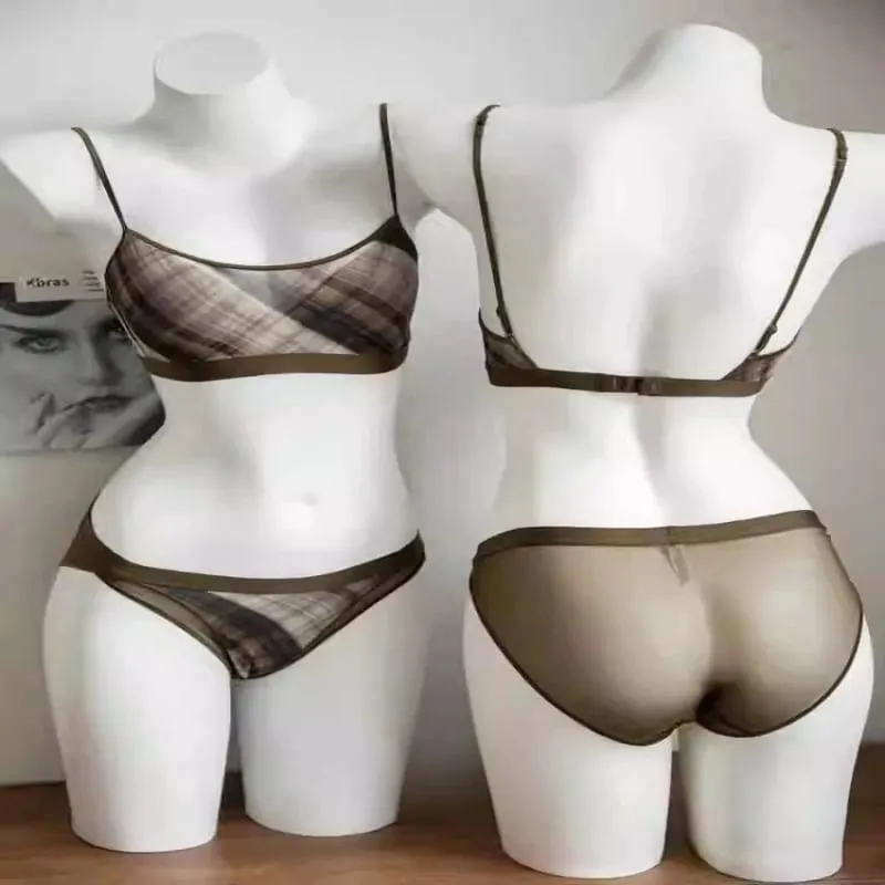 Dámské americké retro kostkované intimky set tenká push up podprsenka proti ochabování podpaží podpora tuku pohodlí každodenní nošení — image 3
