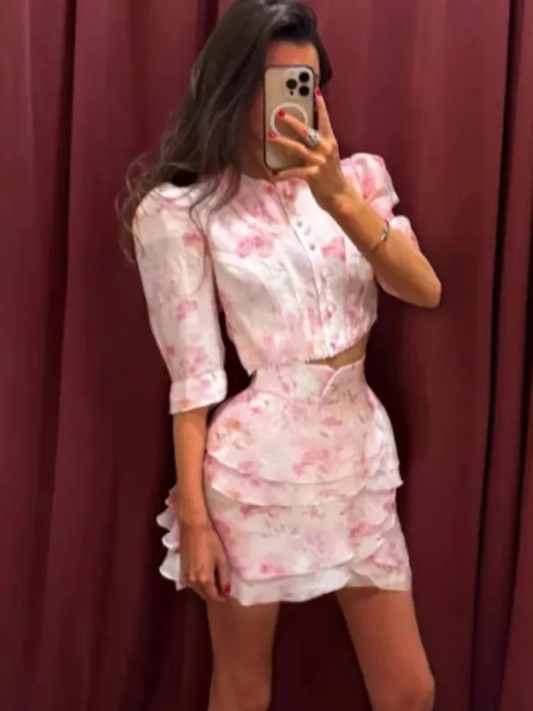 Abito corto sottile con stampa volant chic Abito corto corto con patchwork chic Maniche svasate con scollo a V Abiti pieghettati 2026 Abiti casual estivi da donna — image 16