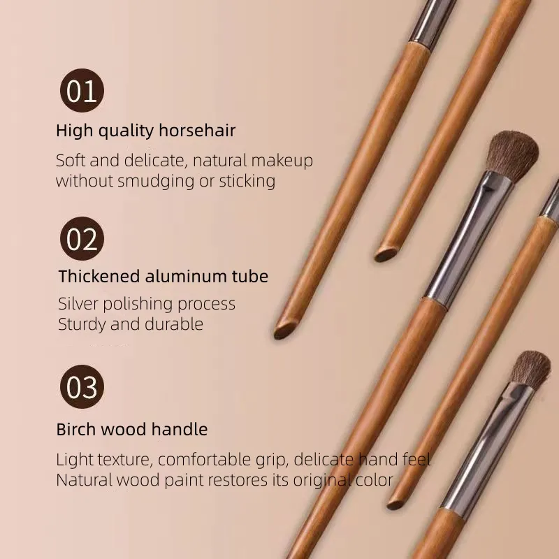 5-teiliges Pferdehaar-Lidschatten-Make-up-Pinsel-Set mit Tasche, Augenbrauen-Lidschatten-Mischpinsel, Make-up-Pinsel, Tierhaar-Make-up-Tools — image 2