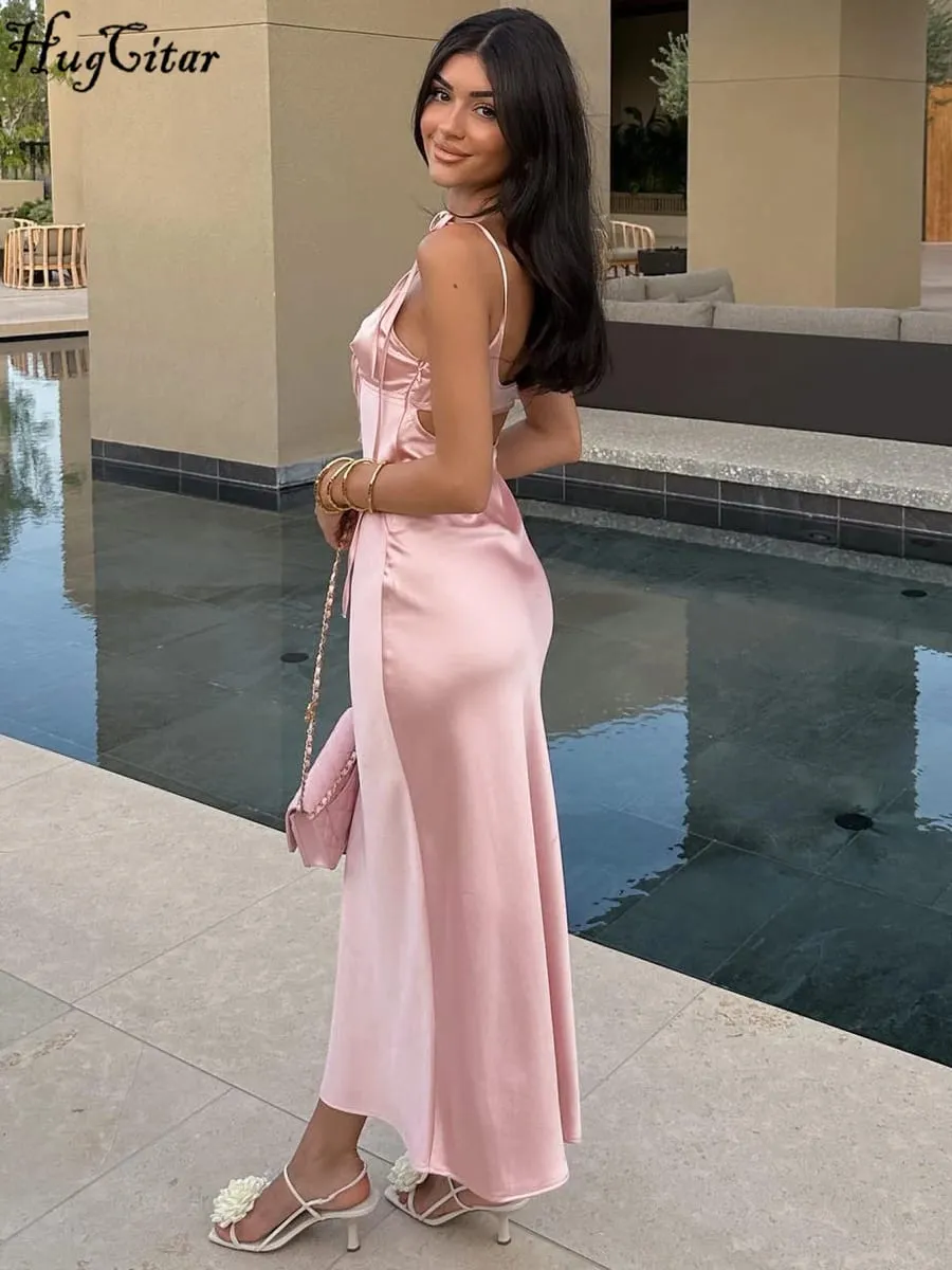 Hugcitar V Leher Slip Padat Tanpa Belakang Hollow Out Lace Up Bodycon Seksi Maxi Prom Dress Musim Panas Wanita Pakaian Elegan Pesta Hari Lahir — image 3