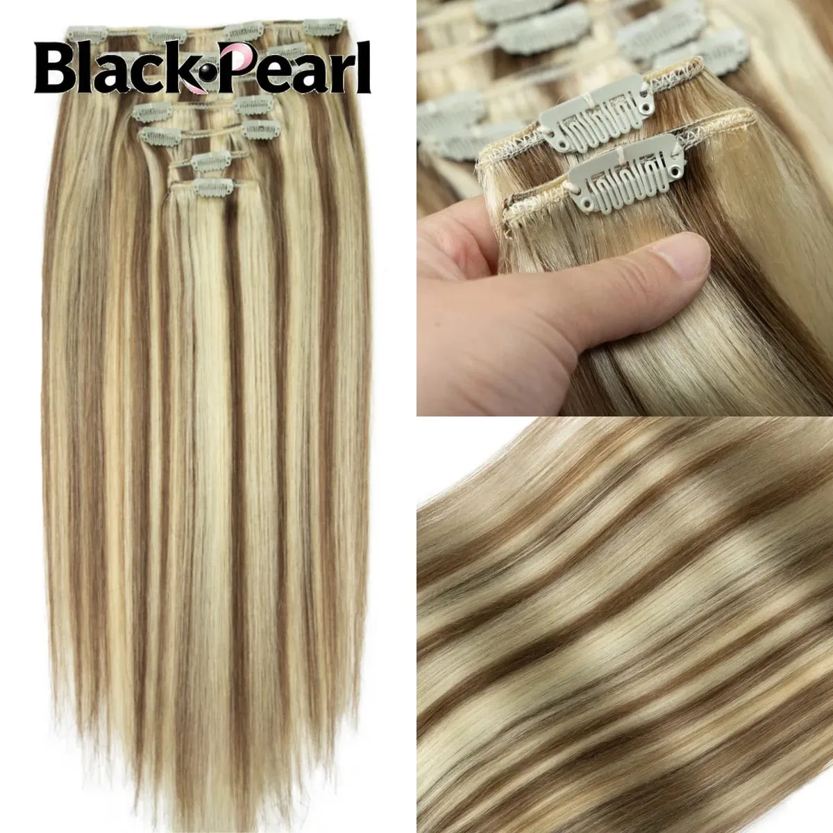 7PCS Double Weft Balayage คลิปต่อผมมนุษย์สีน้ำตาลอ่อนถึง Bleach สีบลอนด์ Ombre Remy ธรรมชาติตรงไม่มีรอยต่อสำหรับ Wo — image 7