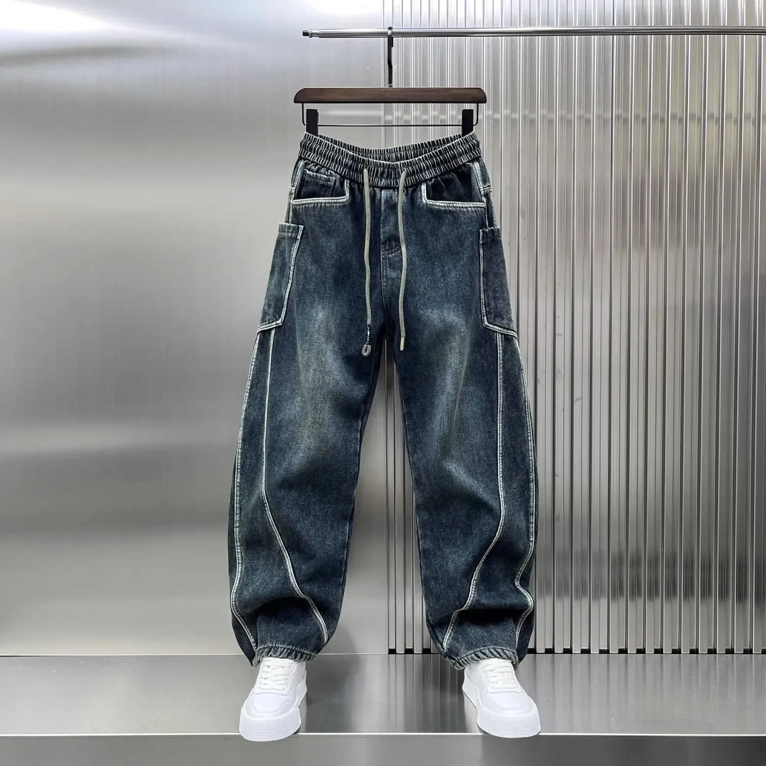 Spring Autumn 2025 New Splicing Cutting Elastic Waist Large Size Boys Washed Loose Wide Leg Big Pocket Scimitar Drawstring Jeans — image 2