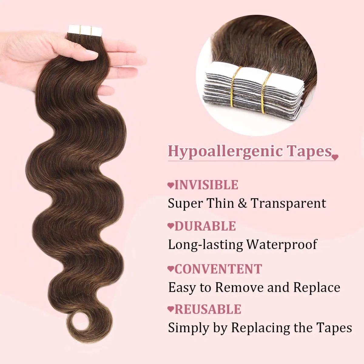 20 ชิ้น/แพ็คเทปต่อผมมนุษย์ Body WAVE เทปต่อผมมนุษย์จริงไม่มีรอยต่อเทป Real Human Hair EXTENSION — image 5