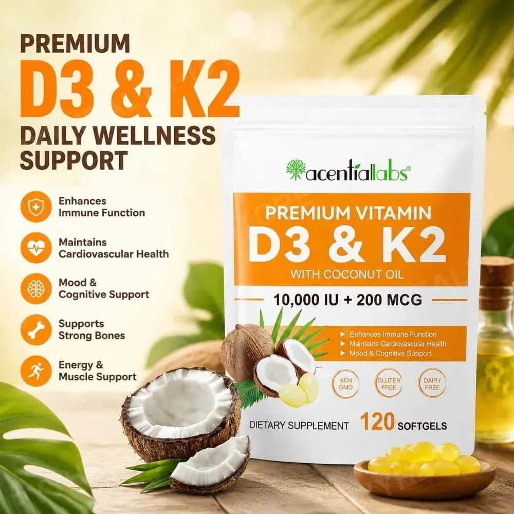 AcentiaLabs Vitamin D3 & K2 Softgels dengan Fungsi Kekebalan Minyak Kelapa dan Dukungan Tulang Bebas Gluten Non-GMO 120 Softgels — image 2