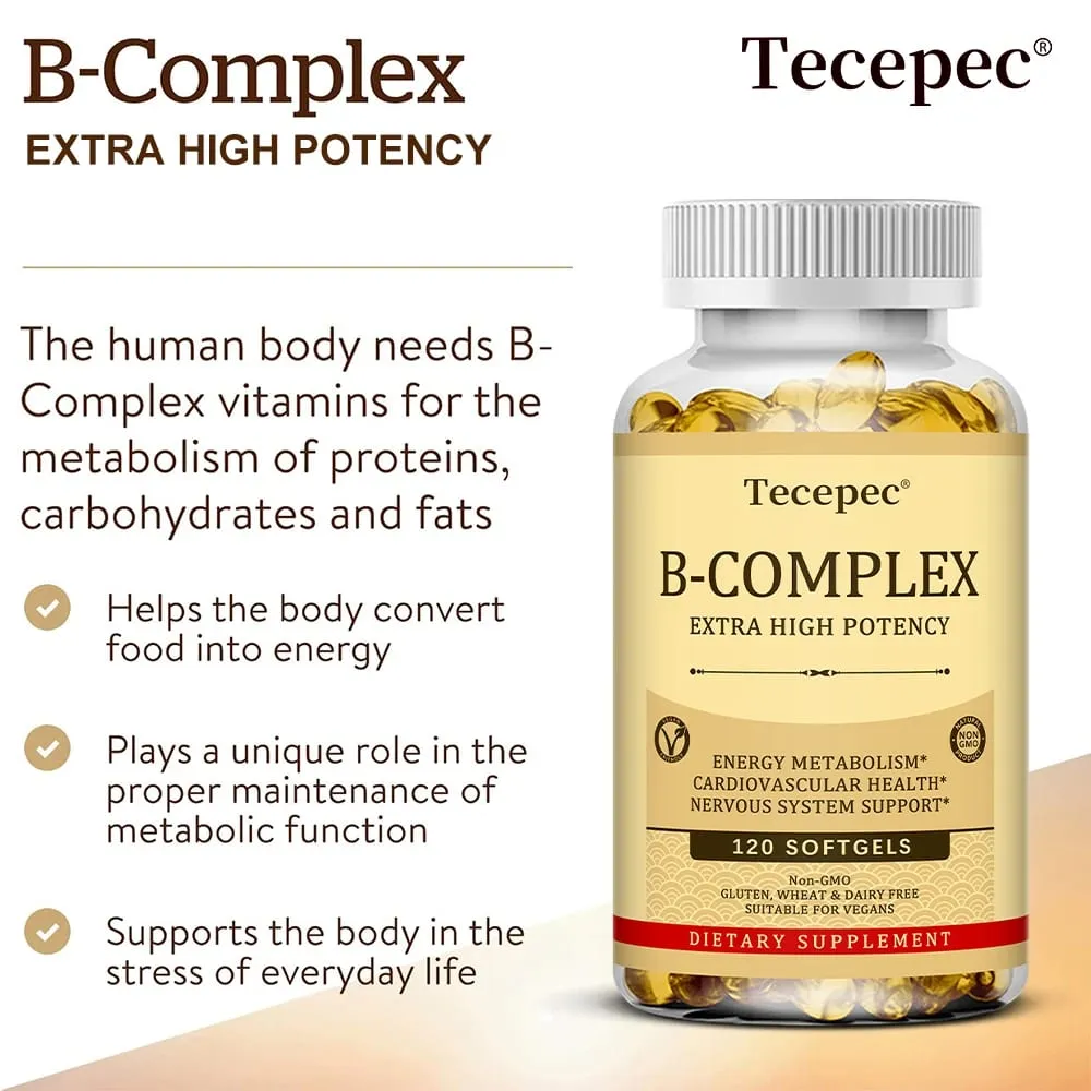 Tecepec B-Complex Vitamin Supplements (B12 B1 B2 B3 B5 B6 B9 Folic Acid & Biotin) Immune & Energy Support Softgels NON-GMO — image 1