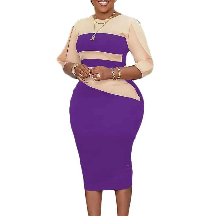 Women Dress for Work Elegant Office O Neck Three Quarter Sleeve Patchwork Sheath Package Hips Mid Calf Professional Business Hot — image 11