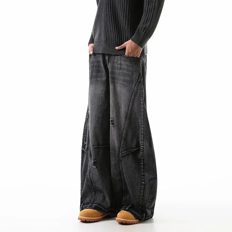 Jeans coreani strappati taglie forti retrò Pantaloni curvi a gamba larga da uomo Pantaloni larghi casual alla moda a gamba dritta — image 5