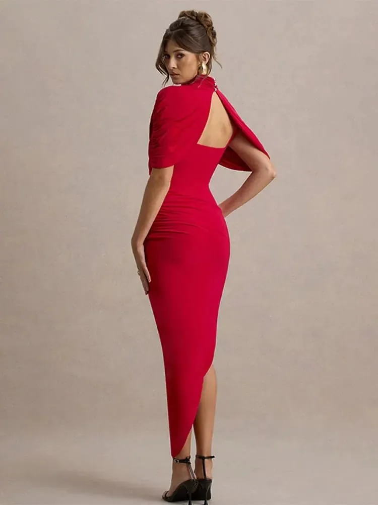 Irregular Pleated Ruched Maxi Dress Women's Backless Turtleneck Slim High Waist Robes Summer Lady Chic Street Vestidos 2025 New