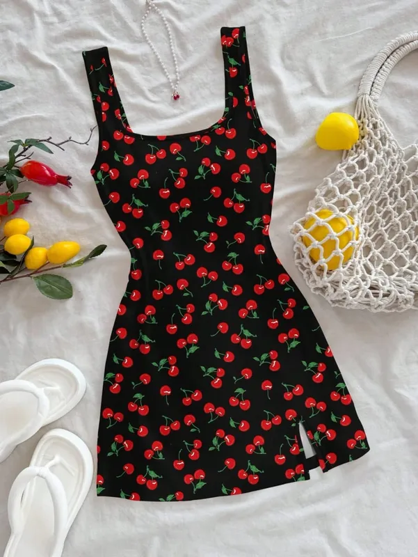 Mini abito da donna sexy stile vacanza con scollo a U, stampa ciliegia, aperto sul retro, con spacco laterale per la primavera/estate