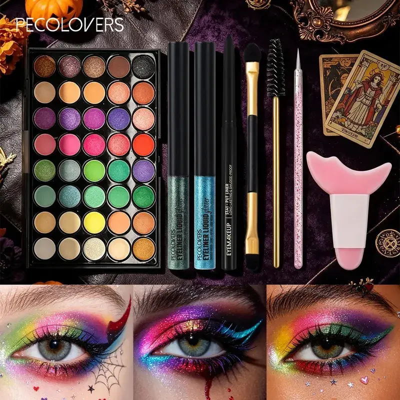 8 ชิ้น/เซ็ตฮาโลวีน Carnival Eye แต่งหน้า Bright สีอายแชโดว์ Sparkle Liquid Eyeliner Eyebrow ปากกาแปรงตา — image 3