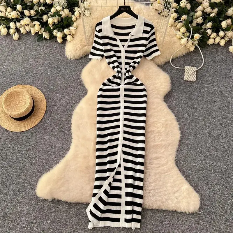 YuooMuoo Chic Fashion Sexy Wrap Hips Knitted Maxi Dress 2026 Summer Women Single-breasted Stripes Sweater Dress Streetwear Robes — image 3