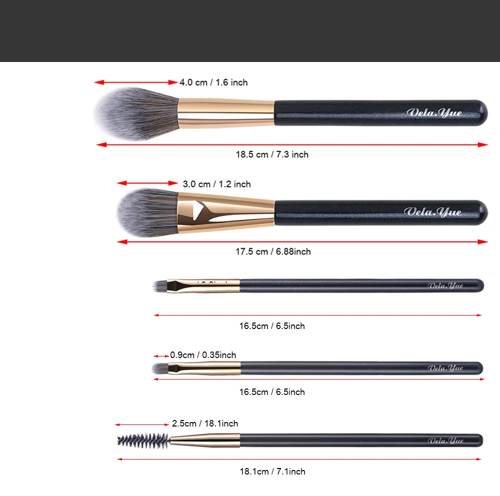 Vela.Yue Pennelli per trucco Set 5 pezzi Fondotinta in polvere Fard Bronzer Evidenziatore Contorno Eyeliner Sopracciglia Pennello per lucidalabbra — image 3