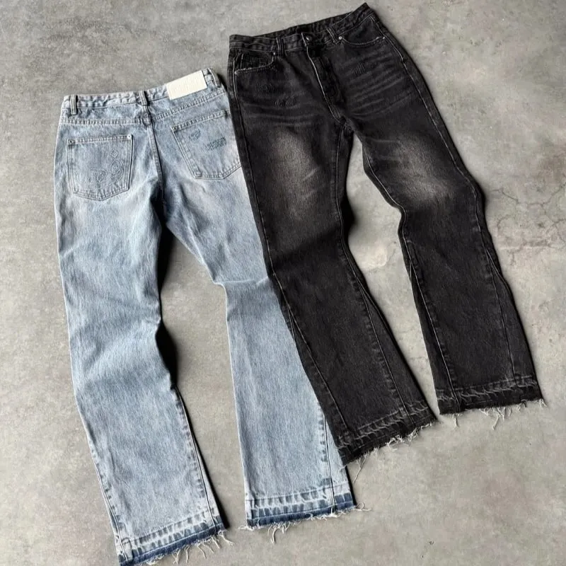 Hip Hop กางเกงขาตรง Gothic Fringed Casual Micro Flared กางเกง Y2K Vintage Slim Fit กางเกงยีนส์อินเทรนด์ล้างผู้ชายผู้หญิง Harajuku — image 7