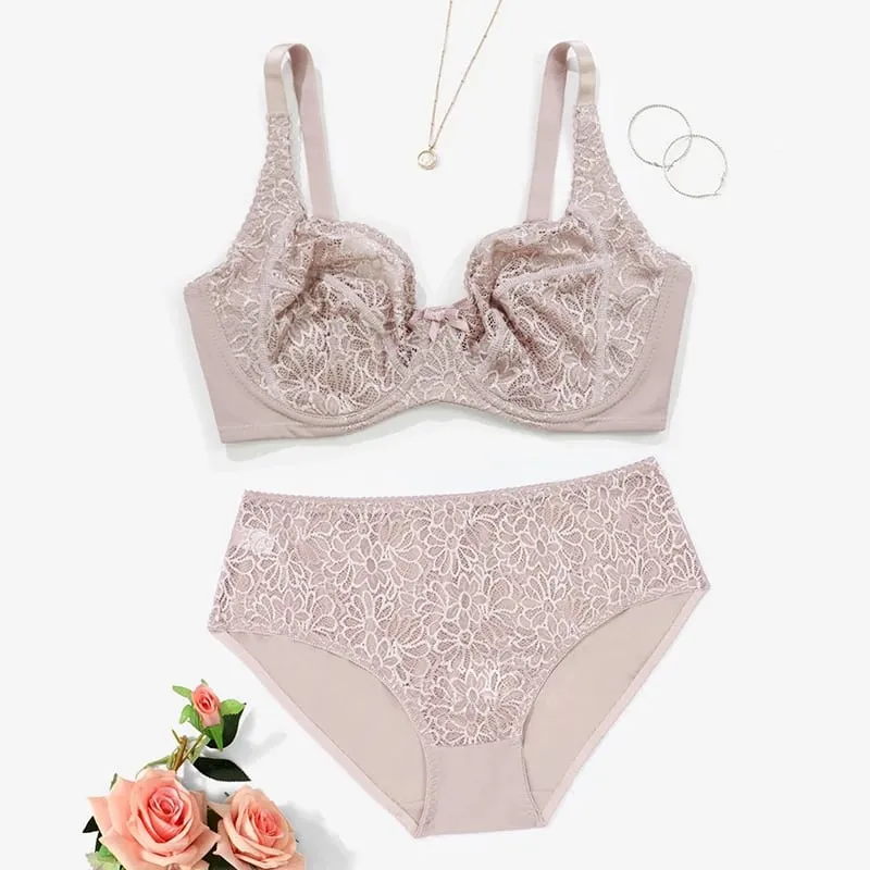 Female Big Size Lace Lingerie Set Bra with Wire Unlined Thin Breathable Bra and Panties Set 85C-110E — image 10