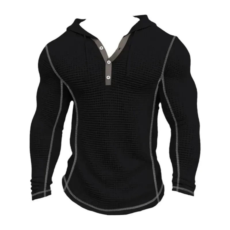 Waffle Katı Kumaş Slim Fit Kapüşonlular Erkekler V Yaka Düğmesi Rahat Tişörtü Hip Hop Sokak Kazak erkek Spor Uzun Kollu Tops — image 3