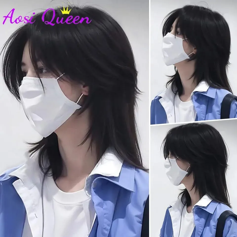 Synthetic Short Light Natural Men's One-piece Korean Style Invisible Wolf Tail Mullet Wig Extensions — image 6