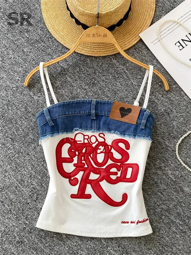 American Retro Y2k Strap Tops Letter Embroidery Denim Patchwork Fashion Design Women Hotsweet Streetwear Slim Crop Top — image 3