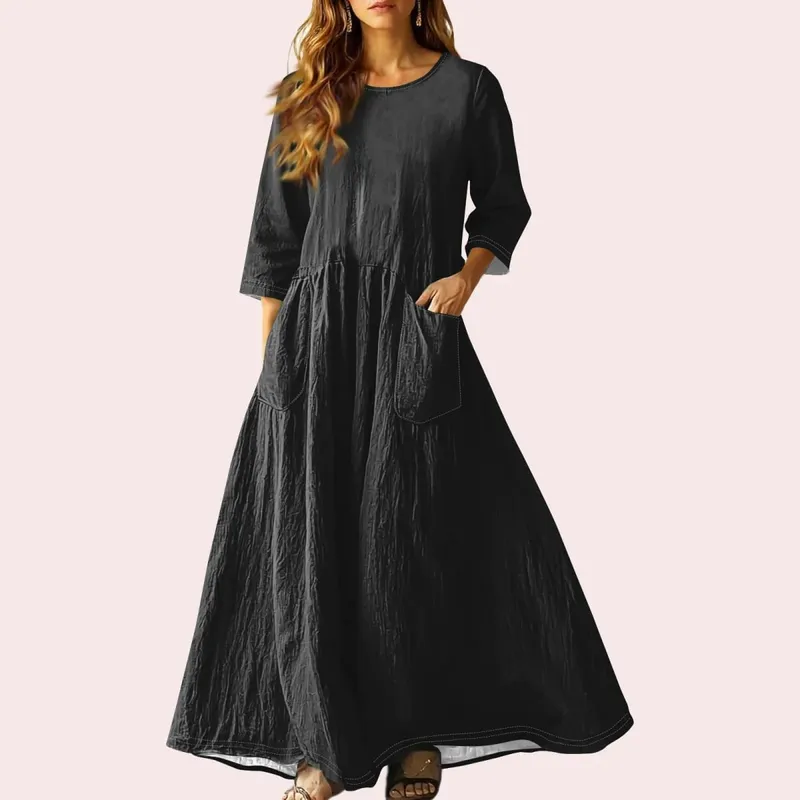 Gaun Panjang Longgar Musim Panas Wanita Warna Pejal Lengan Tiga Suku Gaun Poket Berganda Gaun Linen Leher Bulat Longgar Vestidos — image 8