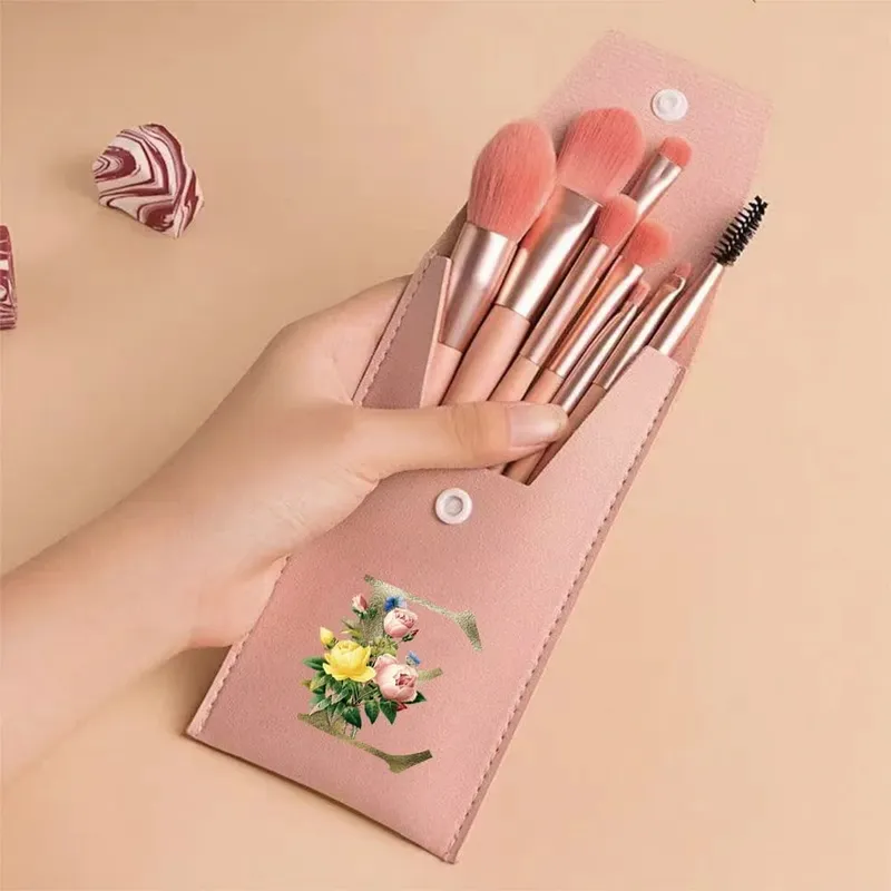 Juego de brochas de maquillaje para principiantes, brochas suaves y esponjosas para rostro y ojos con bolsa de PU, ideal para maquilladores, patrón de flores doradas — image 15