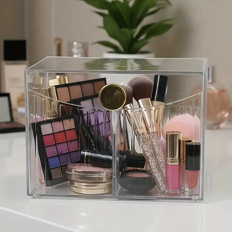Klarer Make-up-Pinselhalter aus Acryl mit 2 Fächern und Klappdeckel, Organizer für Make-up-Werkzeuge, Lippenstifthalter, Kosmetikaufbewahrung — image 5