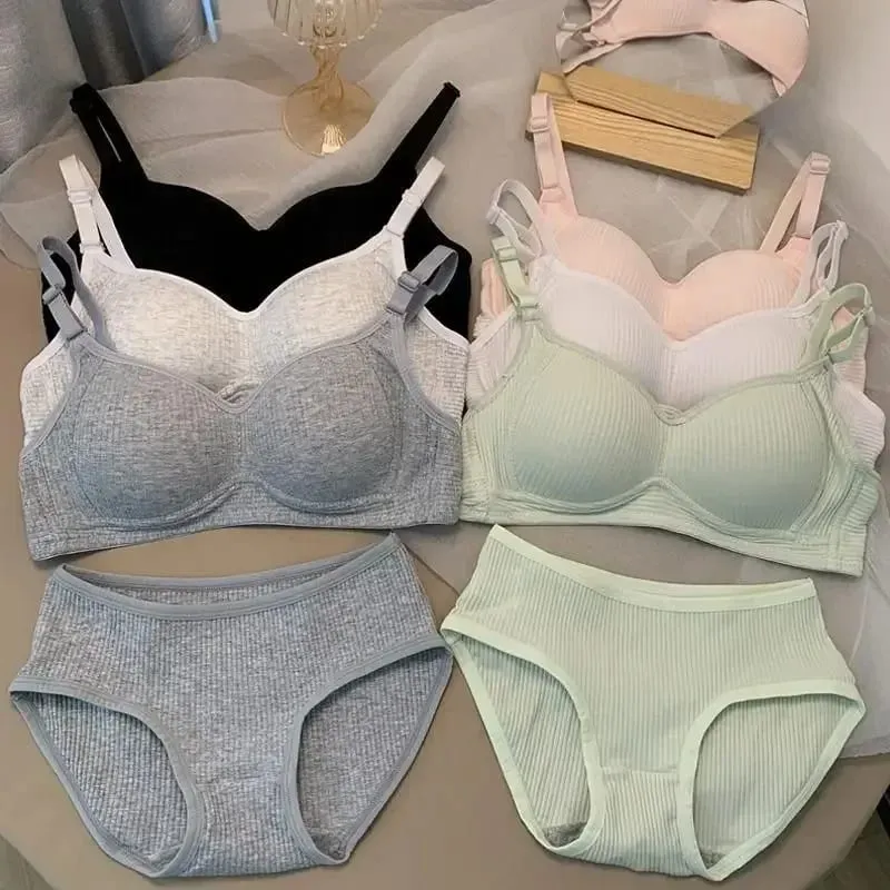 Women Seamless Bra Sets Panties+Wire Free Bra 2Pcs Suit Solid Color Bralette Lingerie Sexy Brassiere Cotton Female Underwear Set — image 1