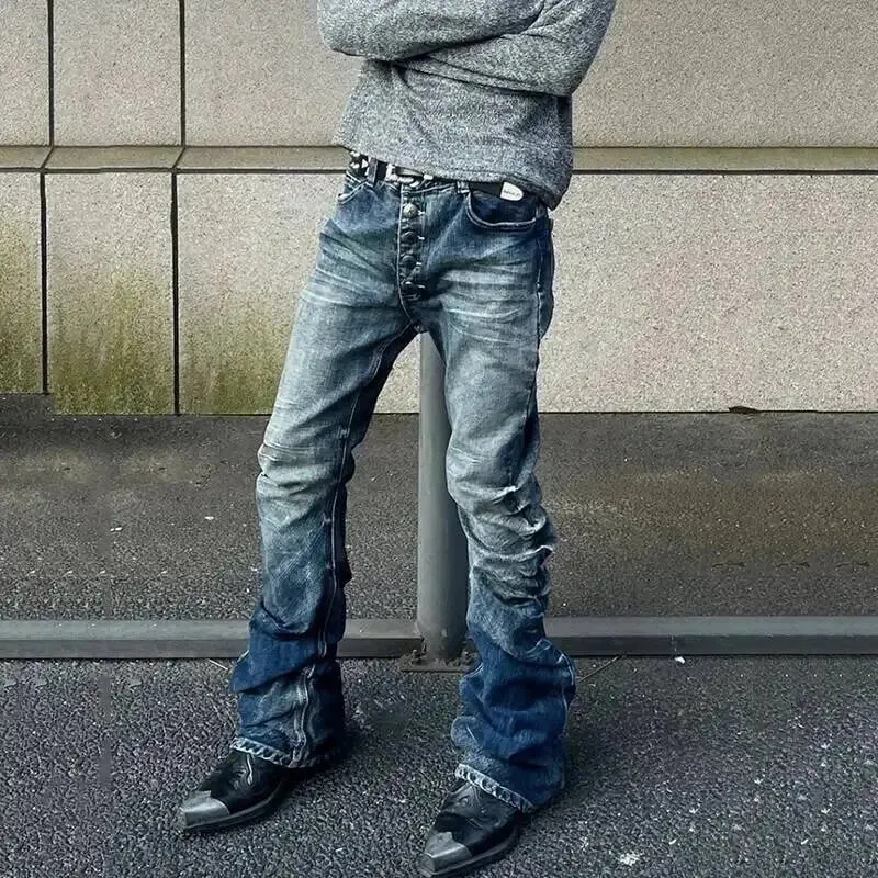 Amerikanische männer Denim Hosen Waschen Taste Design Plissee Lose Jeans Kontrast Farbe Casual Männlichen Unten Vintage 4K5156 — image 3