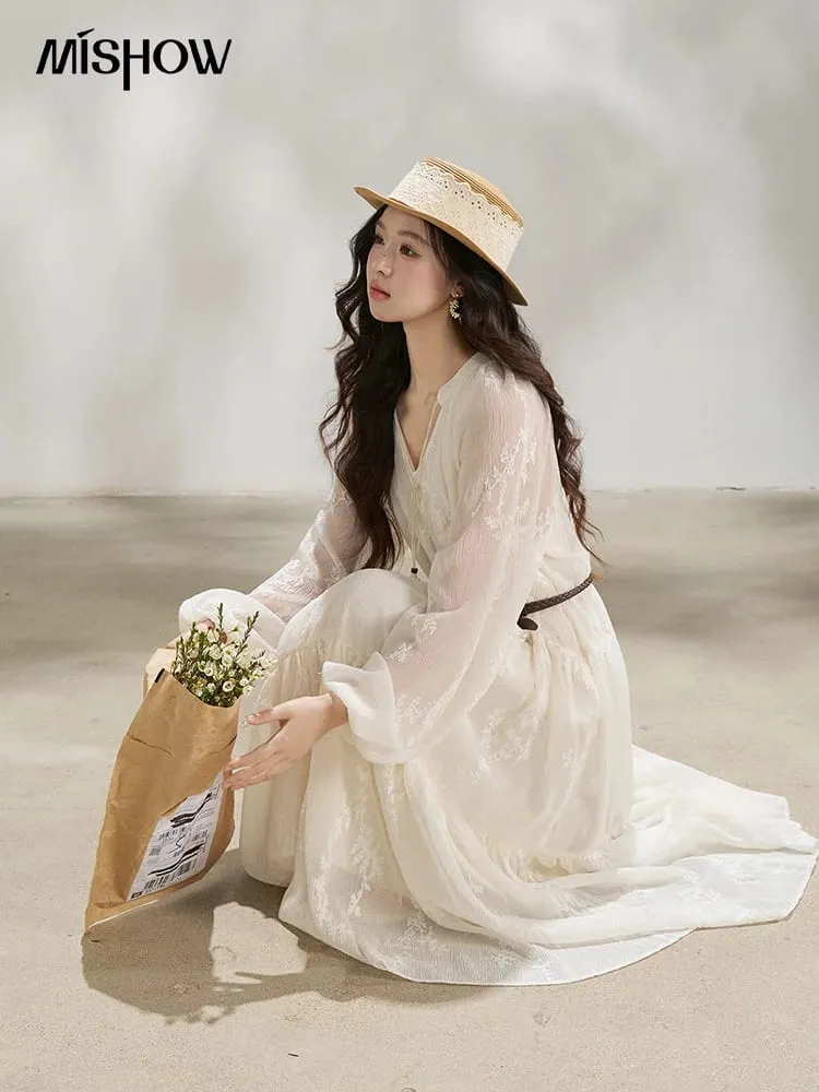 Robe Maxi brodée à manches longues avec ceinture, en mousseline de soie unie, à volants, col en V, cravate, couleur unie, printemps 2026, MXF14L2562 — image 4