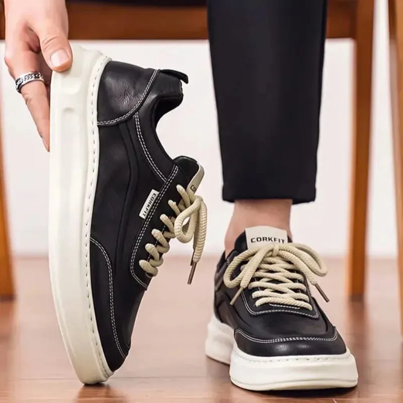 ผู้ชายรองเท้าผ้าใบฤดูใบไม้ผลิฤดูร้อนรองเท้าสบายๆพื้นผิวเรียบหนา Lace Up Minimalist ทุกวันรองเท้า