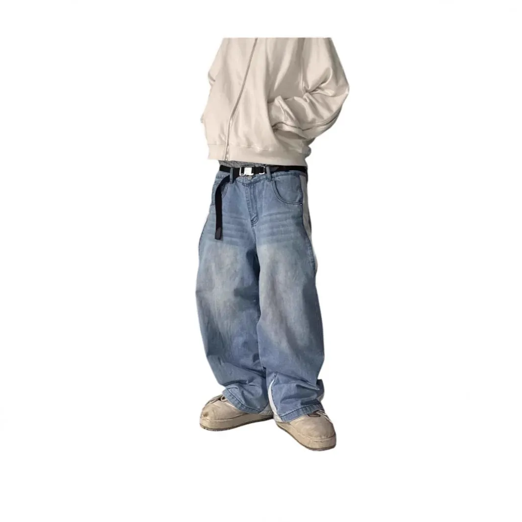 Geniş Bacak Kot Erkekler Düz Pantolon Vintage Patchwork Yıkanmış Sıkıntılı Orta Bel Cepler 2025 streetwear denims Gevşek Pantolon — image 4