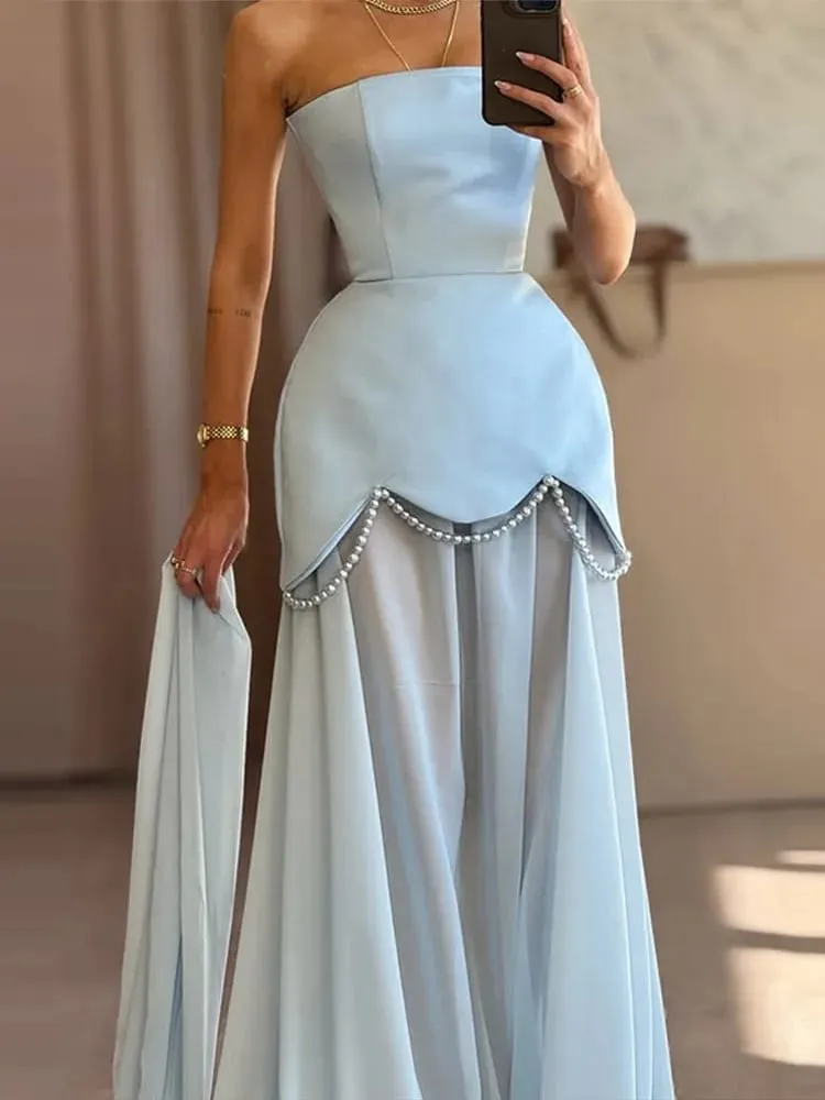 Gaun Malam Hem Bunga Aksen Dasi Warna Solid Rantai Mutiara Berpanel Tanpa Tali Gaun Wanita Elegan 2026 Gaun Wanita Chic Fashion Gaun Wanita — image 6