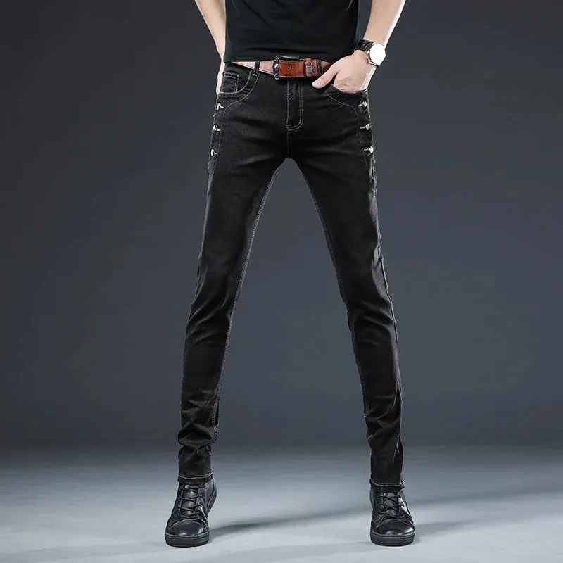 Nye Mænd Slim Button Sort Skinny Jeans Ensfarvet Stretch Skateboard Multi-knap Youth Mandlige denimbukser — image 5