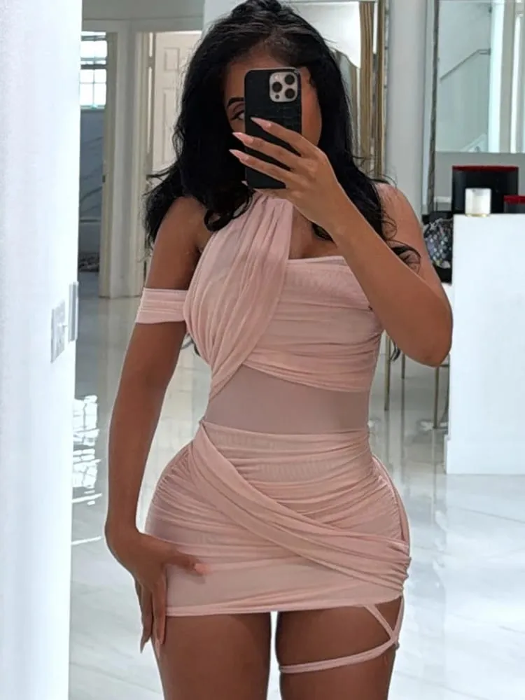 kliou Mesh Cross Irregular Women Mini Dress Solid Sexy Slash Neck Sleeveless Hollow Slim Vestidos Mujer Stunning Party Clubwear — image 2