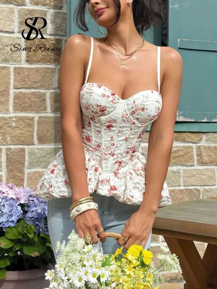 สไตล์ฝรั่งเศสพิมพ์ Hotsweet Corset TOP ผู้หญิงสายคล้องคอ Shapewear Bohe Camis Strapless Floral Holiday Beach Top — image 3
