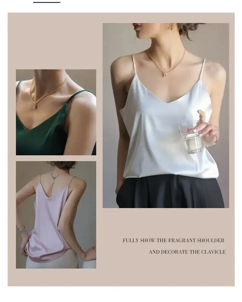 Vrouwen Halter V-hals Basic Wit Cami Spaghetti Top Mouwloos Satijn Zijde 2026 Tank Tops Dames Zomer Hemdje — image 8