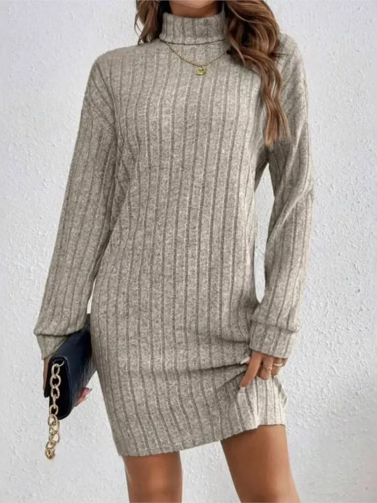 Robe décontractée à col roulé pour femme, manches longues, couleur unie, tricotée, nouvelle mode, ample, confortable, collection automne hiver 2024 — image 3