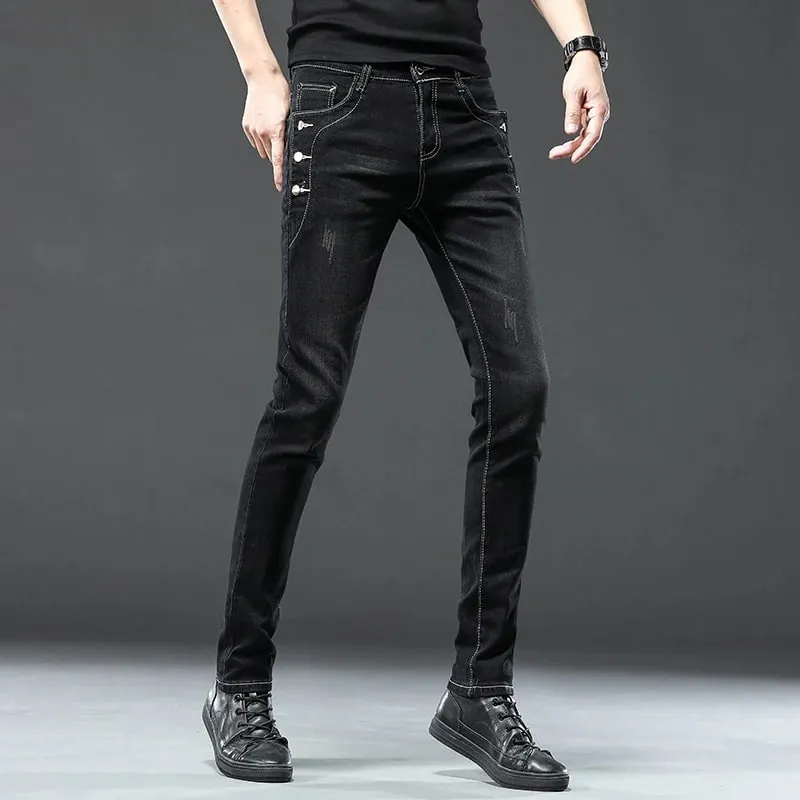 Nye mænd slanke, koreanske knap jeans, sorte skinny ensfarvede strækbare multi-knap, unge mandlige denimbukser Streetwear — image 9