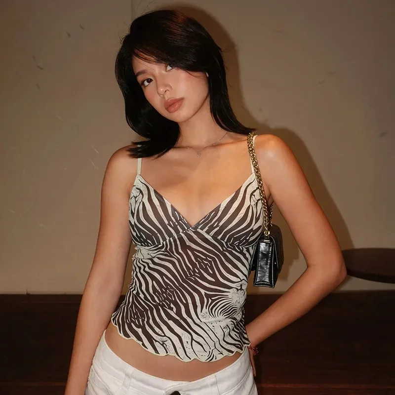 Wanita Musim Panas Jaring Zebra Cetak V Neck Mesh Tops Cami — image 4